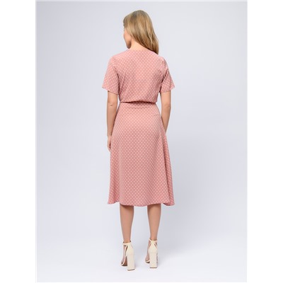 Платье розового цвета в горошек на запах с короткими рукавами