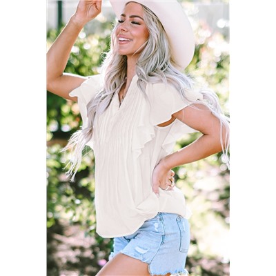 White V Neck Pleated Front Ruffled Sleeve Shirt