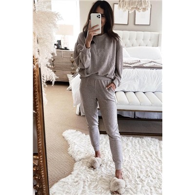 Gray Long Puff Sleeve Top Pocketed Casual Two Piece Set