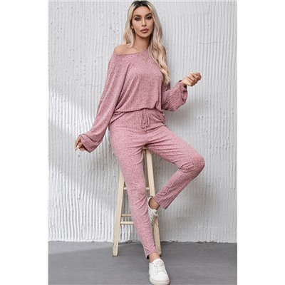 Peach Blossom Ribbed Drop Shoulder Top and Knot Waist Leggings Set