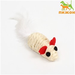 Игрушка для кошек "Мышь сизалевая малая" с меховым хвостом, 5,5 см, белая