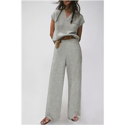 Gray Knitted V Neck Sweater and Casual Pants Set