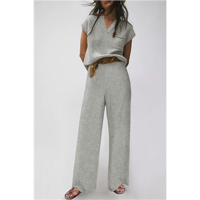 Gray Knitted V Neck Sweater and Casual Pants Set