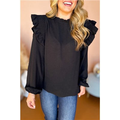 Black Frilled Neck Ruffled Trim Bubble Sleeve Blouse