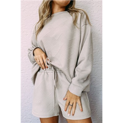 Gray Textured Long Sleeve Top and Drawstring Shorts Set