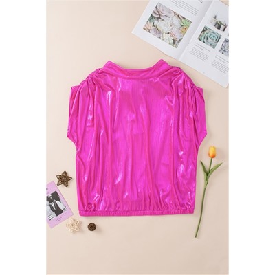 Bright Pink Ruched Sleeves Knotted Backless Blouse