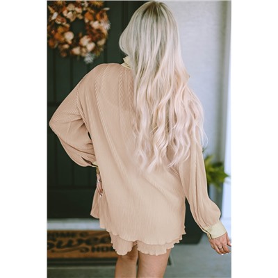 Apricot Pleated Long Sleeve Shirt and Shorts Lounge Set