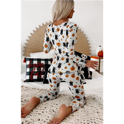 White Spooky Halloween Printed Long Slim Fit Lounge Set