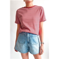 Pink Stripe Crew Neck Casual T Shirt