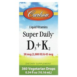 Carlson Labs, Super Daily витамины D3 и K2 в жидкой форме, 25 мкг (1000 МЕ) и 22,5 мкг, растительная формула, 360 вегетарианских капель, 10,16 мл (0,34 жидк. унции)