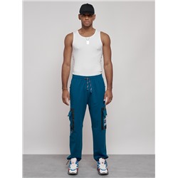 Широкие спортивные брюки трикотажные мужские синего цвета 12908S
