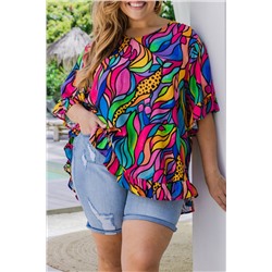 Rose Abstract Print Plus Size Frilly Trim Blouse