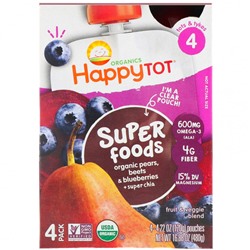 Happy Family Organics, Organic Happy Tot, Super Foods, органические груши, свекла, голубика и суперчиа, этап 4, 4 пакетика, 120 г (4,22 унции)