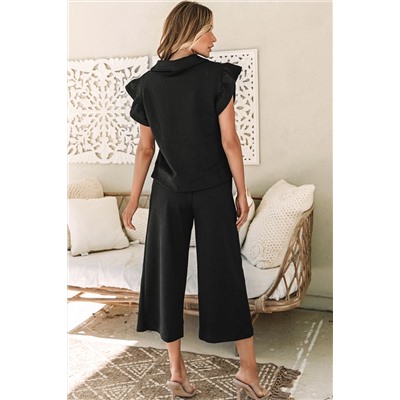 Black Textured Flutter Sleeve Top Wide Leg Pants Set