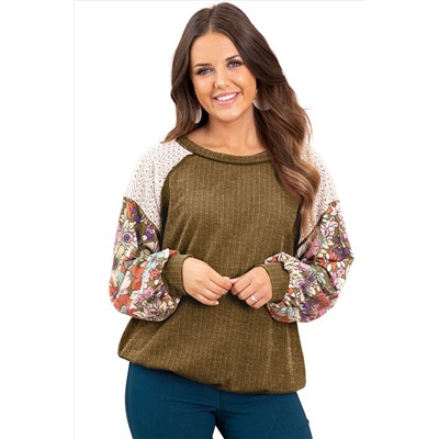 Brown Floral Patchwork Puff Sleeve Textured Blouse