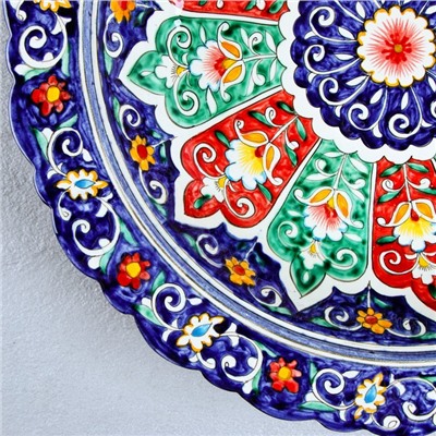 Блинница Риштанская Керамика "Цветы", 37 см, под крышкой 28 см, синий