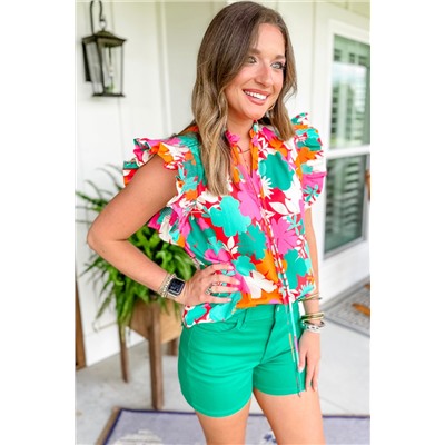 Green Floral Tie Split Neck Ruffle Trim Blouse