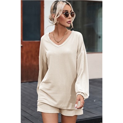 Beige Corded V Neck Slouchy Top Pocketed Shorts Set