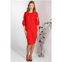 Платье с красивыми рукавами с вышивкой красное женское по колено