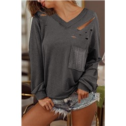 Gray Distressed V Neck Patch Pocket Long Sleeve Top