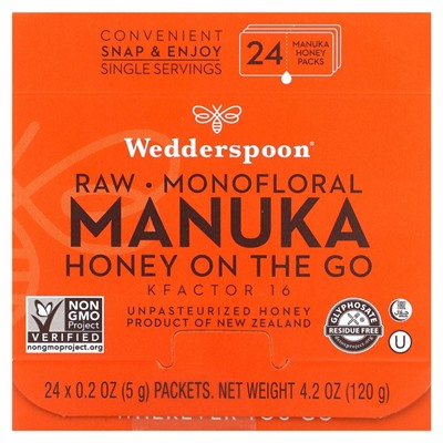Wedderspoon, Необработанный монофлорный мед манука на ходу, KFactor 16, 24 пакетика, 5 г (0,2 унции)