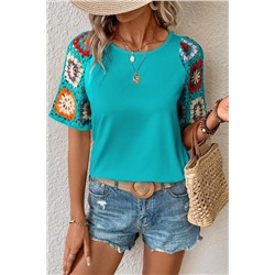 Turquoise Floral Crochet Short Sleeve Top