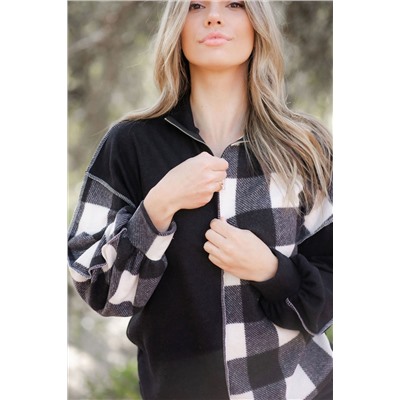 Black Checkboard Patchwork Exposed Stitching Collared Top