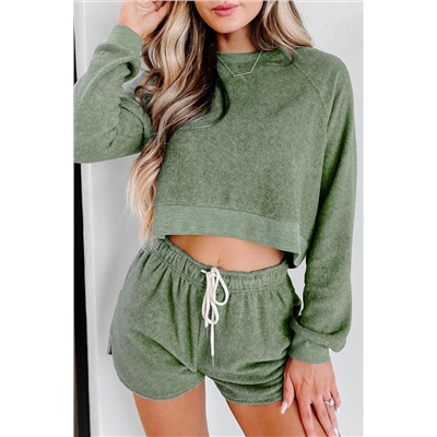 Green Fleece Two-piece Cropped Pullover and Shorts Set