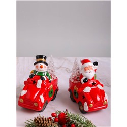 Фигурка декоративная НГ 8х13,5х14см Дед Мороз/Снеговик на машине
