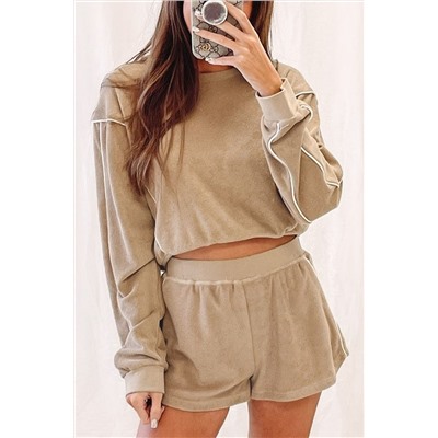 Khaki Piping Trim Long Sleeve Terry Shorts Set