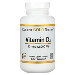 California Gold Nutrition, витамин D3, 50 мкг (2000 МЕ), 360 рыбно-желатиновых капсул