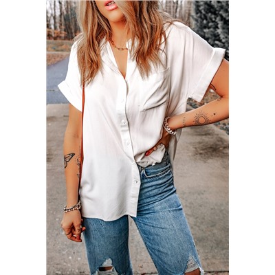 White Chest Pocket Buttoned Rolled Short Sleeve Shirt