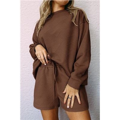 Brown Textured Long Sleeve Top and Drawstring Shorts Set