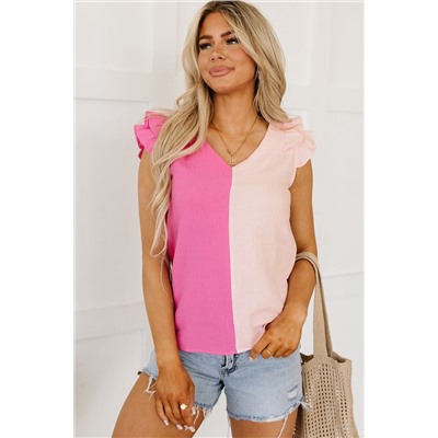 Pink Textured Color Block Tiered Ruffled Sleeve Blouse