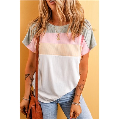 White Ribbed Color Block Patchwork T-shirt