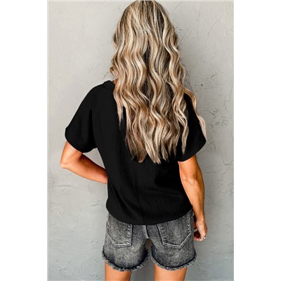 Black Crinkled V Neck Wide Sleeve T-shirt