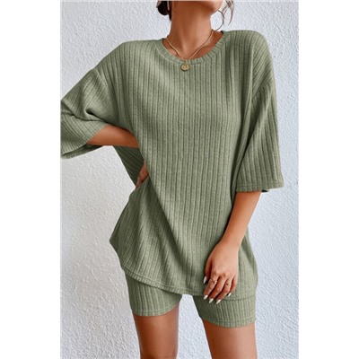 Green Plain Ribbed Loose Fit Two Piece Lounge Set