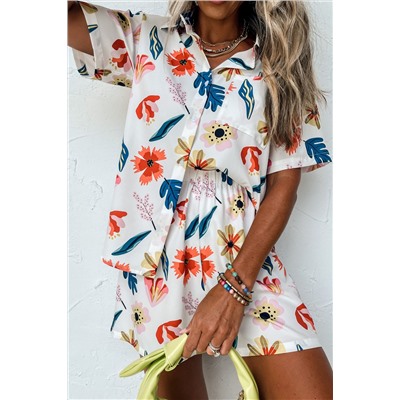 White Floral Short Sleeve Shirt 2pcs Shorts Lounge Set