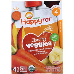 Happy Family Organics, 'Обожаю свои овощи' из серии 'Счастливый карапуз', органическая фруктово-овощная смесь c морковью, бананом, манго и бататом, 4 пакета по 4,22 унции (120 г)