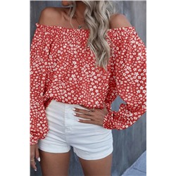 Fiery Red Floral Print Frill Trim Off-shoulder Lantern Sleeve Blouse