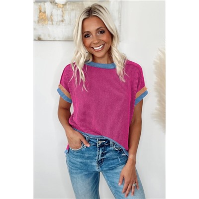 Bright Pink Textured Contrast Trim Round Neck T Shirt