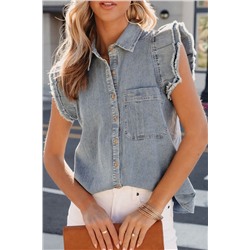 Beau Blue Frayed Ruffle Sleeve Denim Shirt