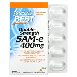 Doctor's Best, SAM-e, Double Strength, 400 мг, 60 таблетки, покрытые желудочно-резистентной оболочкой