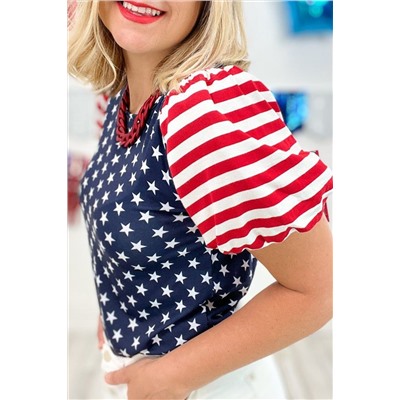 Navy Blue 4th Of July Stars Stripes Puff Sleeve T Shirt