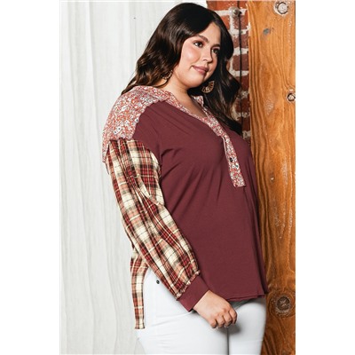 Red Dahlia Mixed Print Half Buttons Plus Size Pullover Top