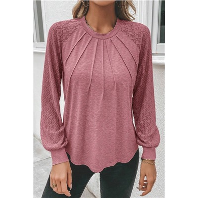 Rose Pink Contrast Lace Raglan Sleeve Plicate Round Neck Top