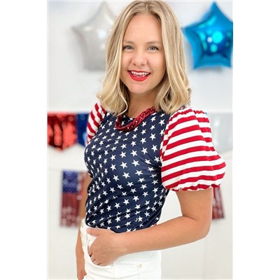 Navy Blue 4th Of July Stars Stripes Puff Sleeve T Shirt