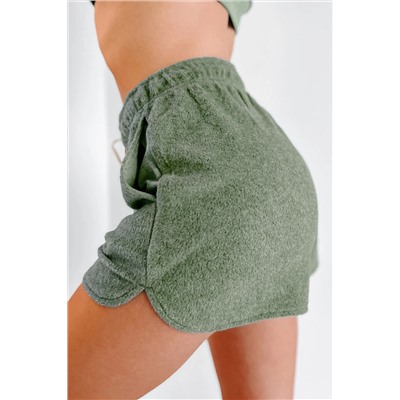 Green Fleece Two-piece Cropped Pullover and Shorts Set