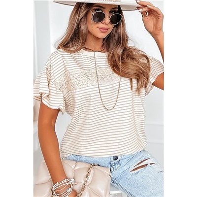 Apricot Striped Lace Splicing Ruffle Sleeve T-shirt