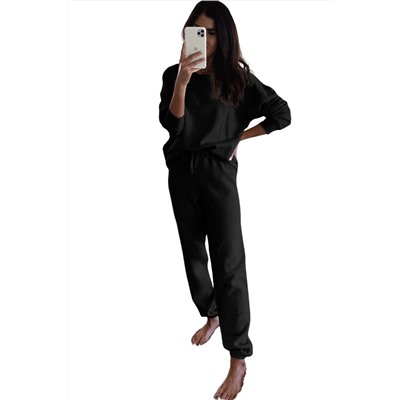 Black Long Sleeve Top and Drawstring Pants Lounge Outfit